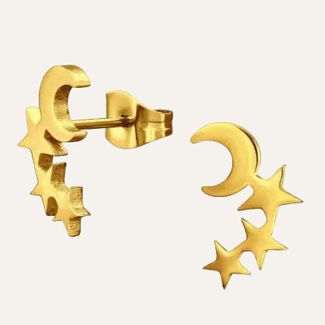 Oorbellen knopjes Staal Goud Maan en sterren - Idhuna Jewels