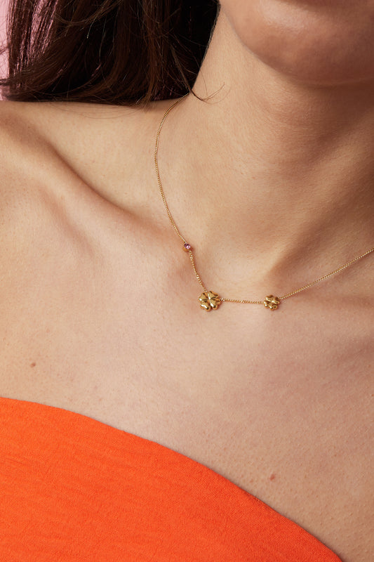Klavertje Vier Ketting Goud Staal met Roze Strass