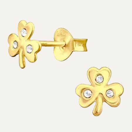 Klavertje drie oorbellen 925 zilver Gold plated met zirkonia's - Idhuna Jewels