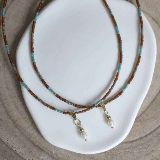 Kralen Ketting Dames Rvs goud rocailles kralen met Parel hanger - Idhuna Jewels