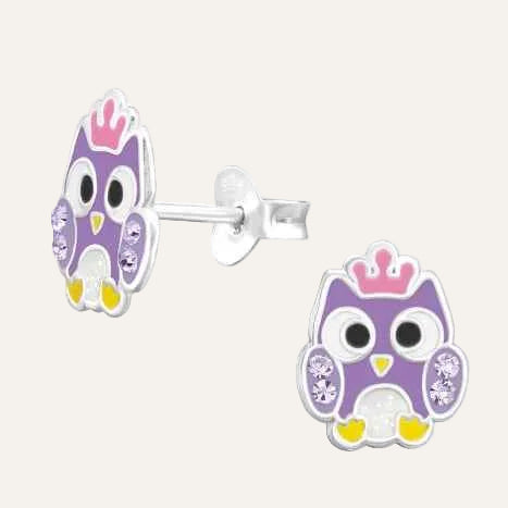 Lila Uiltjes met kroontje Oorbellen kinderen 925 zilver - Idhuna Jewels