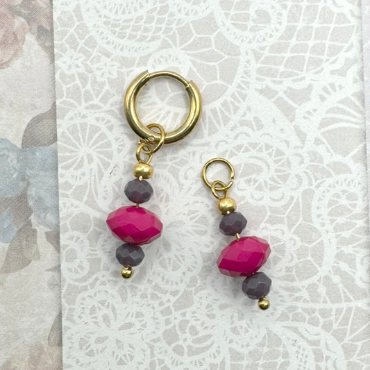 Bedels Oorbellen Rvs Goud Paars Fuchsia Roze