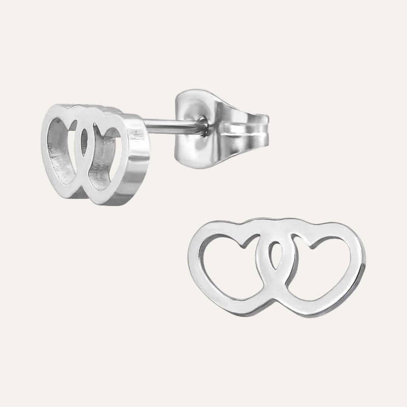 Oorbellen Knopjes twee Hartjes in elkaar stainless steel Zilver - Idhuna Jewels