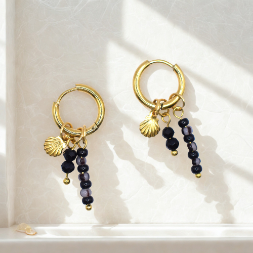 Oorringen Rvs Goud met zwarte Kralen Hangers