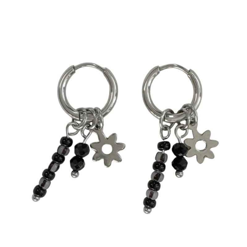 Oorringen Stainless Steel Zilver zwarte kralen hangers & bloemen bedeltje - Idhuna Jewels