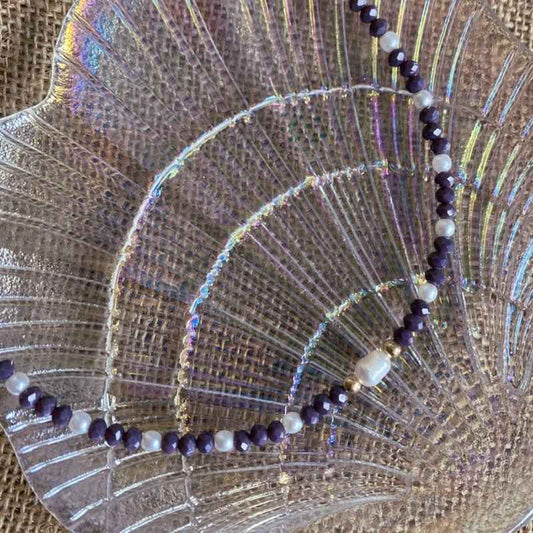 Paarse Kralen Ketting Facet kralen met Parel Rvs goud