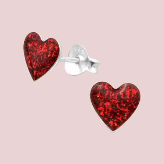 Rode Glitter hartjes Oorbellen 925 zilver - Idhuna Jewels