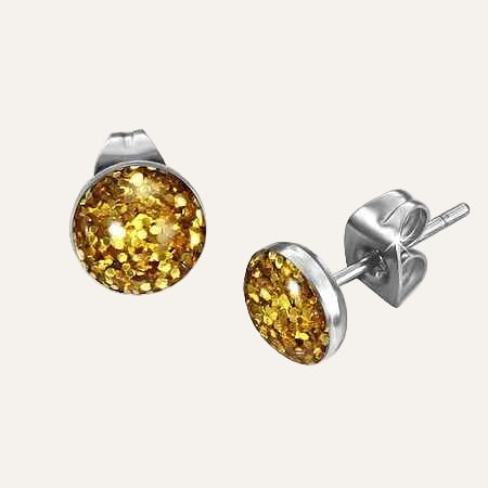 Ronde goudkleurige glitter chirurgisch staal oorstekers - Idhuna Jewels