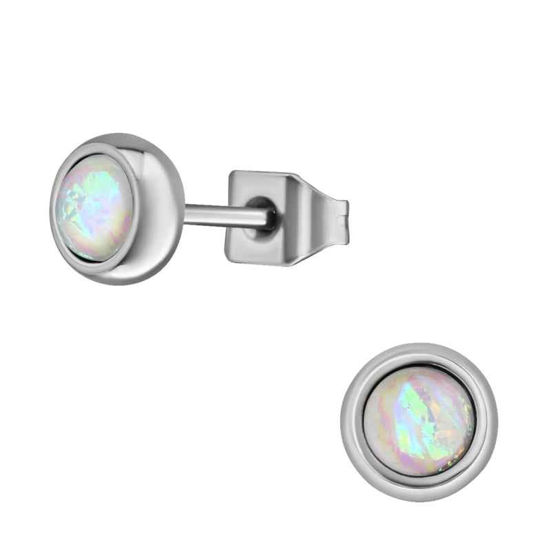 Stalen oorbellen knopjes White Opal - Idhuna Jewels