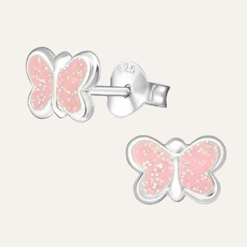 Zilveren kinder dieren oorbellen met lichtroze glitter vlinder - Idhuna Jewels
