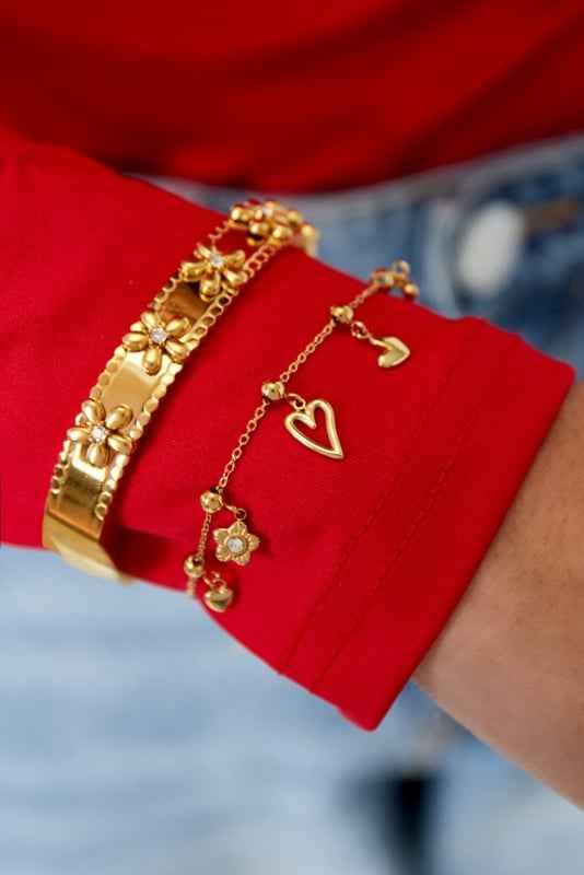 Yehwang Stalen Bedel Armband Dames Goud Hearts & Flowers - Idhuna Jewels