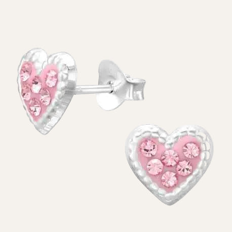 Zilveren Hartjes Oorbellen Knopjes met Roze kristallen - Idhuna Jewels