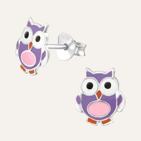 Zilveren Kinderoorbellen Dieren Uil paars - Idhuna Jewels