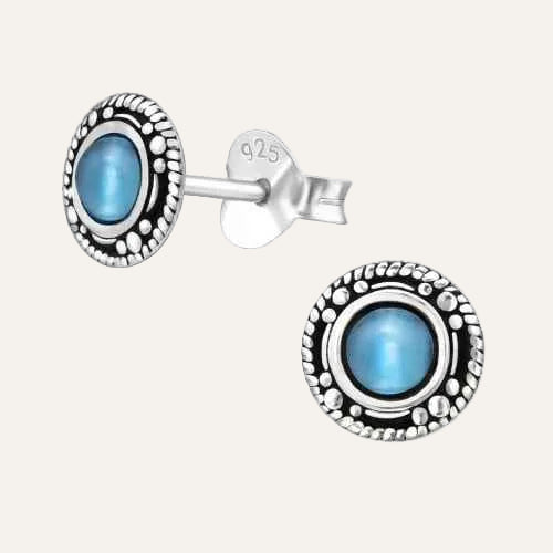 Zilveren ronde oorbellen Bali met halfedelsteen Cateye blue - Idhuna Jewels