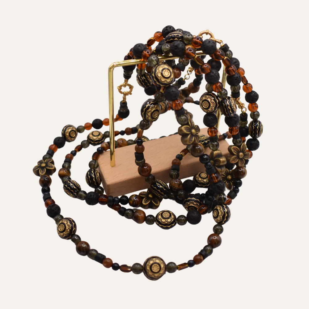 Zwarte en bruine kralenketting met bloemen Copper Bloom