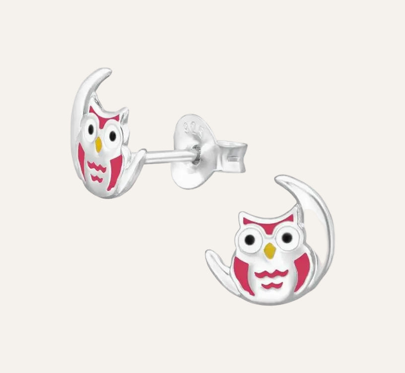 Uiltje op maan zilveren kinder oorbellen dieren - Idhuna Jewels