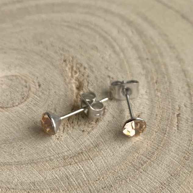 Zilverkleurige Stalen Oorknopjes met kristallen zalmroze - Idhuna Jewels