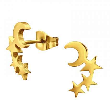 Oorbellen knopjes Staal Goud Maan en sterren - Idhuna Jewels