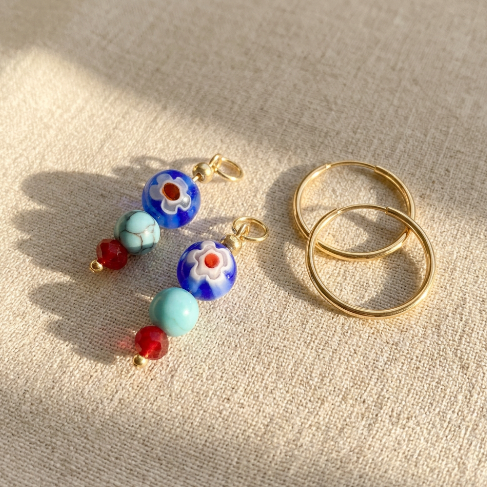 Stalen Bloemetjes hangers Oorbellen kobalt blauw turquoise