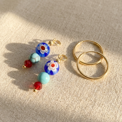 Stalen Bloemetjes hangers Oorbellen kobalt blauw turquoise