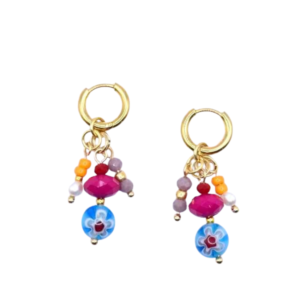 Boho Oorringen Staal Goud met kleurige kralen hangers