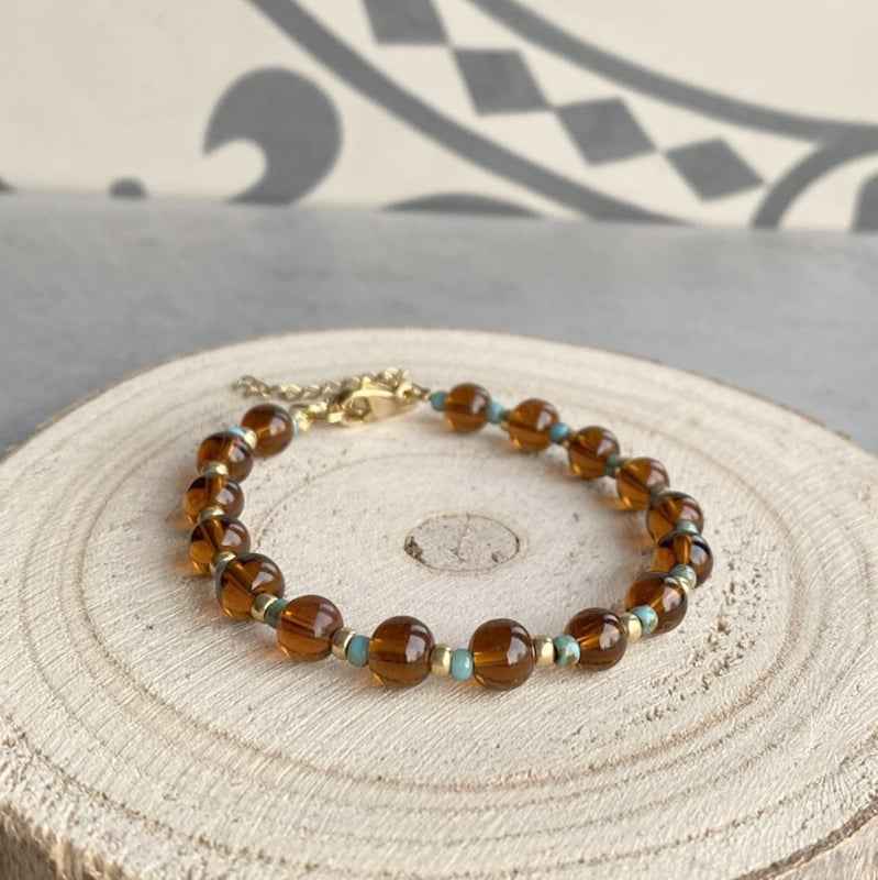 Bruine glaskralen armband Dames Rvs goud - Idhuna Jewels