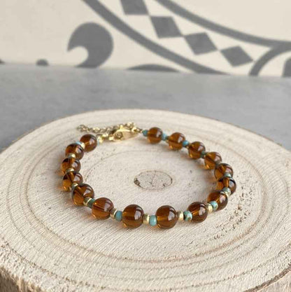 Bruine glaskralen armband Dames Rvs goud - Idhuna Jewels