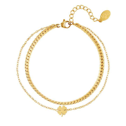 Dubbele armband staal goud met klavertje vier - Idhuna Jewels