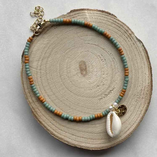 Enkelbandje turquoise roestbruin met schelpje Staal - Idhuna Jewels