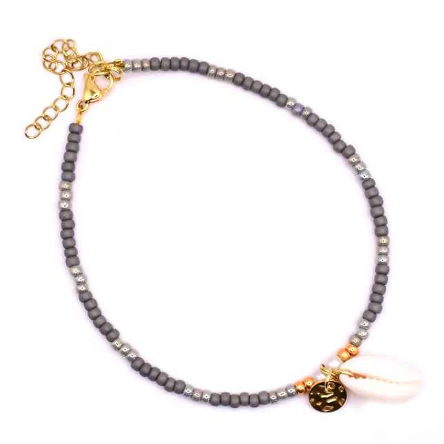 Grijs kralen enkelbandje Rvs Goud met schelpje - Idhuna Jewels