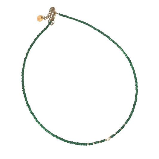 Groen fijne korte stalen kralen ketting rocailles dames met pareltje - Idhuna Jewels