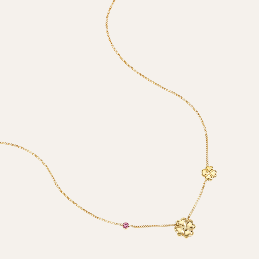 Klavertje Vier Ketting Goud Staal met Roze Strass