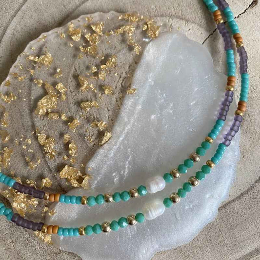 Korte Parel Kralen Ketting dames turquoise paars Staal Goud - Idhuna Jewels
