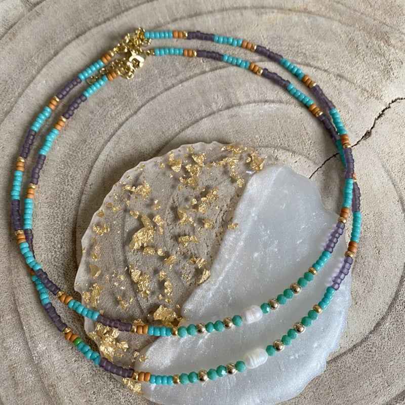 Korte Parel Kralen Ketting dames turquoise paars Staal Goud - Idhuna Jewels
