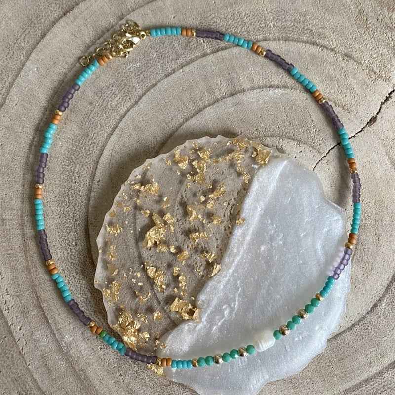 Korte Parel Kralen Ketting dames turquoise paars Staal Goud - Idhuna Jewels