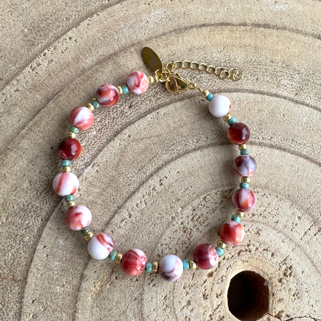 Stainless Steel Kralen Armband Rood Bruine Kralen