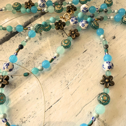 Kralen ketting turquoise goud Rvs