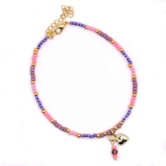 Kralen Enkelbandje paars roze Rvs goud met hartjes bedeltje - Idhuna Jewels