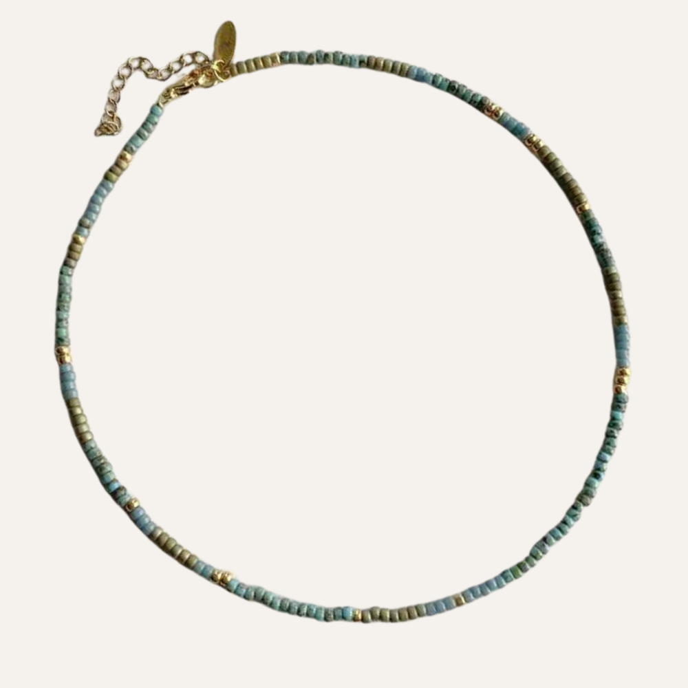 Kralen ketting Rvs Goud met turquoise en olijfgroene rocailles