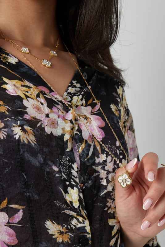 Lange ketting dames Rvs goud met klavertje vier bloem hanger - Idhuna Jewels