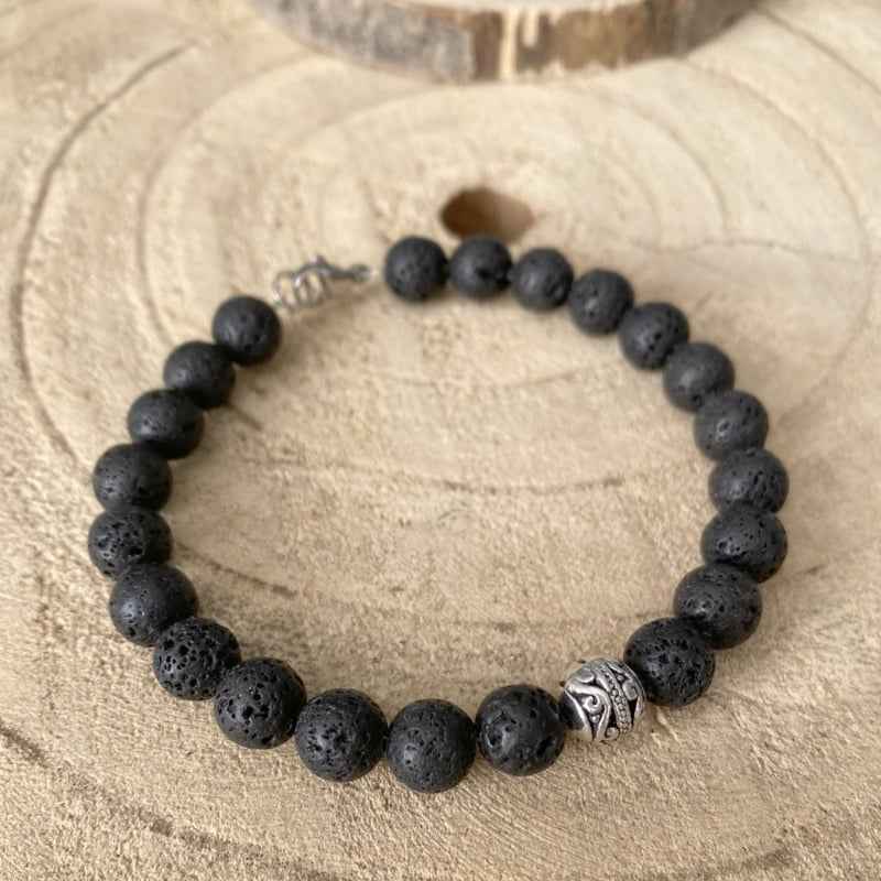 Lava steen kralen(8mm) armband heren zwart staal - Idhuna Jewels