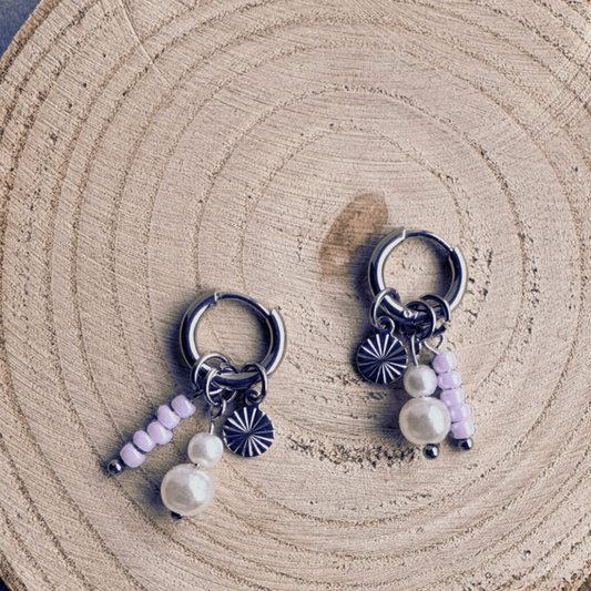 Oorbellen Chirurgisch Staal Oorringen met bedels lila kralen hanger