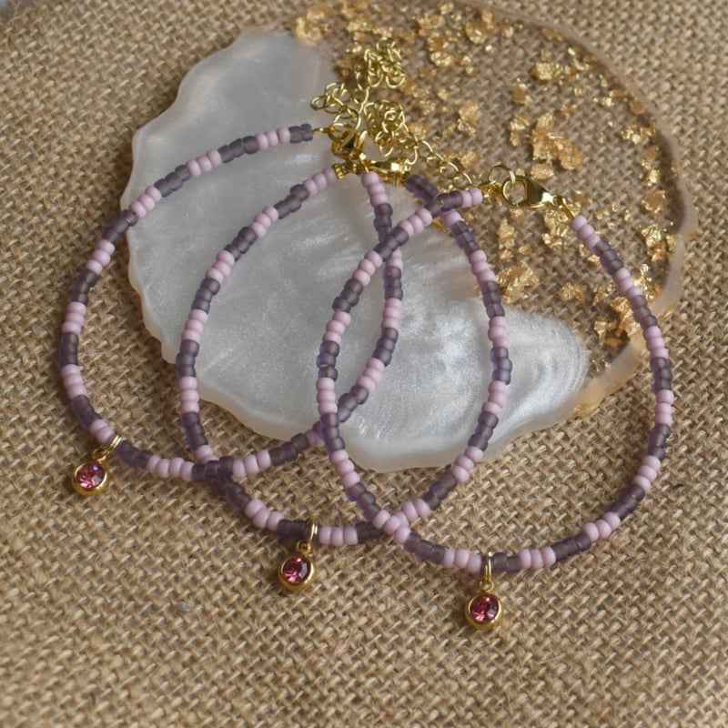 Lila Paarse Dames Armband Miyuki Kralen roze Zirkonia hanger - Idhuna Jewels