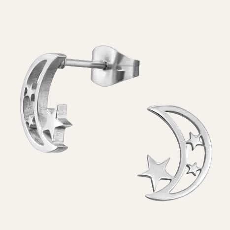 Maan en Sterren Oorbellen Knopjes Chirurgisch Staal - Idhuna Jewels