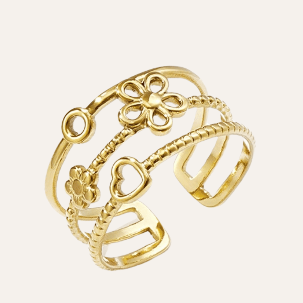 Goudkleurige verstelbare ring met bloemen en hartjes – Amélie