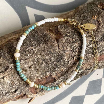 Miyuki Dames armband Staal goud turquoise wit - Idhuna Jewels