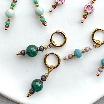 Oorbellen Goud RVS met Bedels Paars Donkergroen