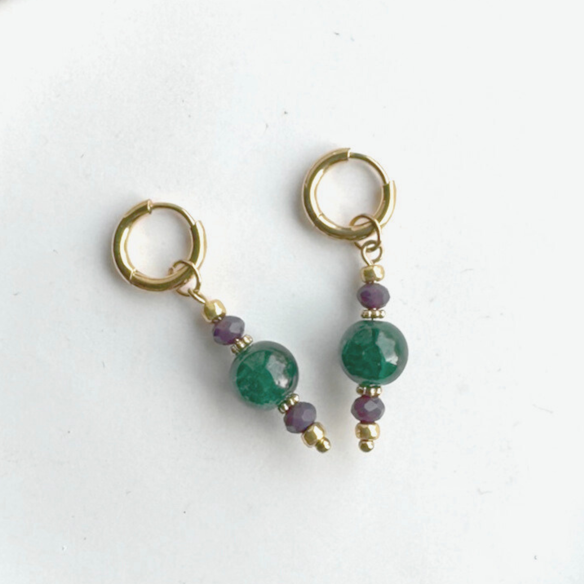 Oorbellen Goud RVS met Bedels Paars Donkergroen