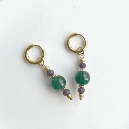 Oorbellen Goud RVS met Bedels Paars Donkergroen
