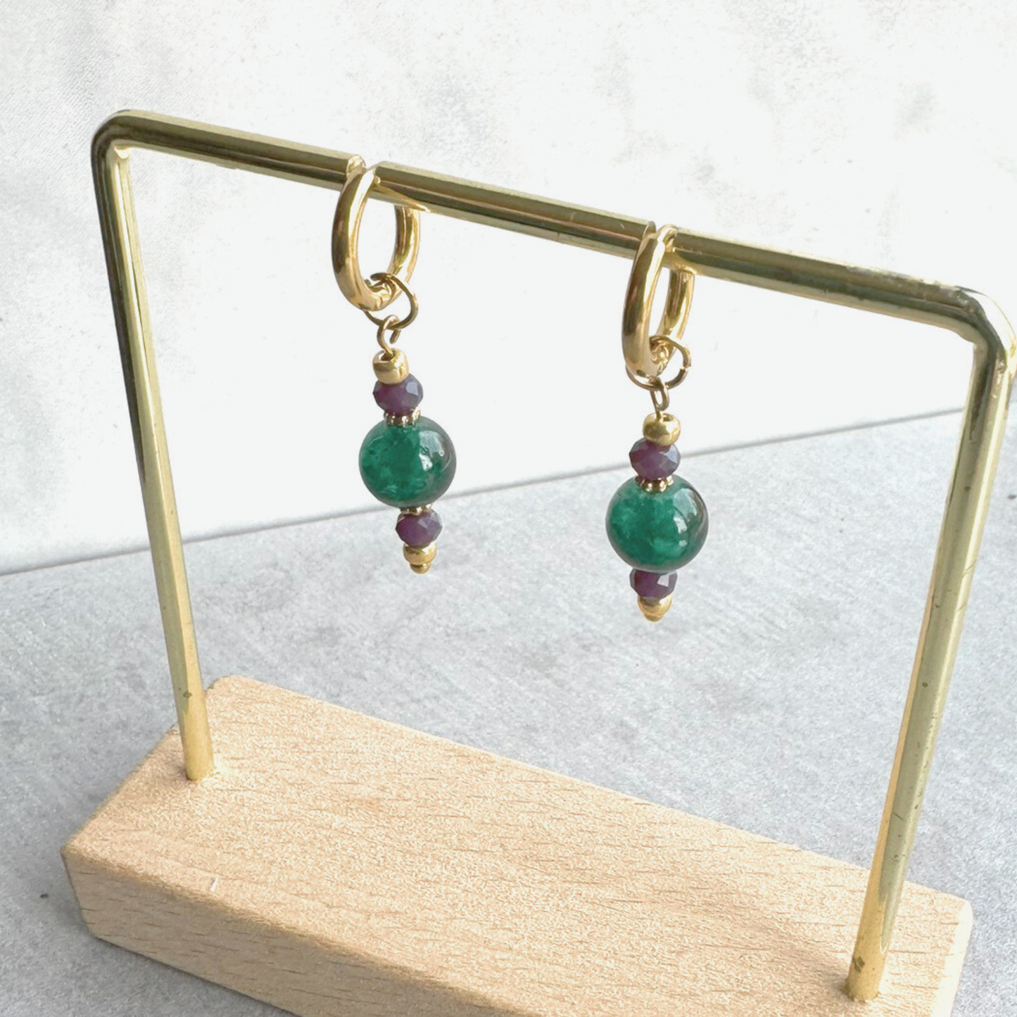 Oorbellen Goud RVS met Bedels Paars Donkergroen